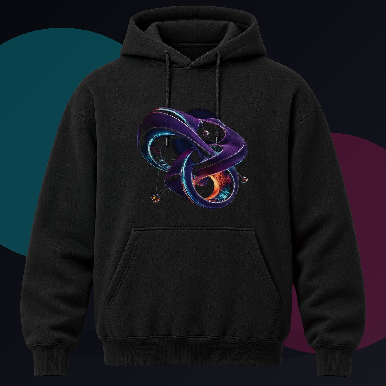 Velvet Causality original KOSVYRE design on a black hoodie against a graphite studio background
