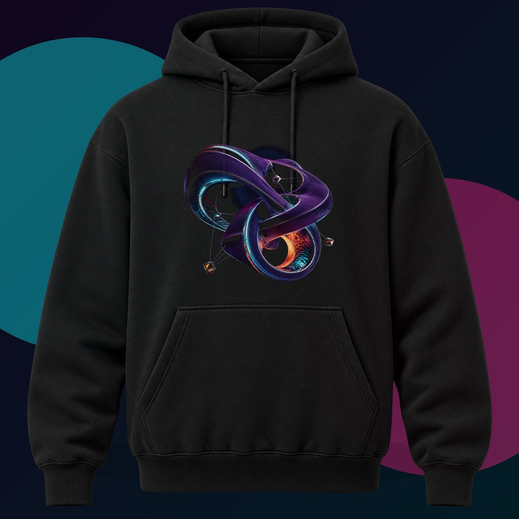 Velvet Causality original KOSVYRE design on a black hoodie with cyan and violet studio lighting