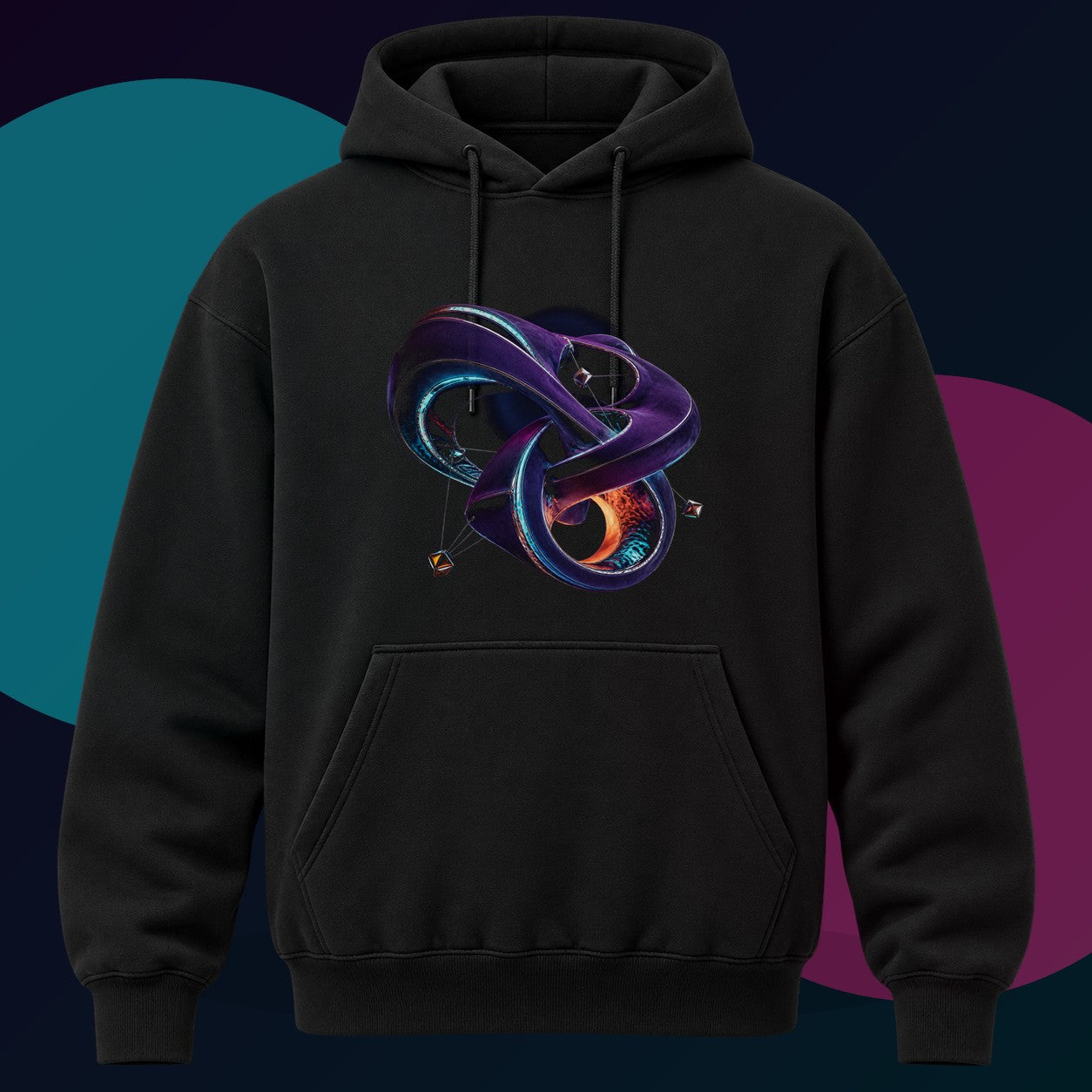 Velvet Causality original KOSVYRE design on a black hoodie with cyan and violet studio lighting