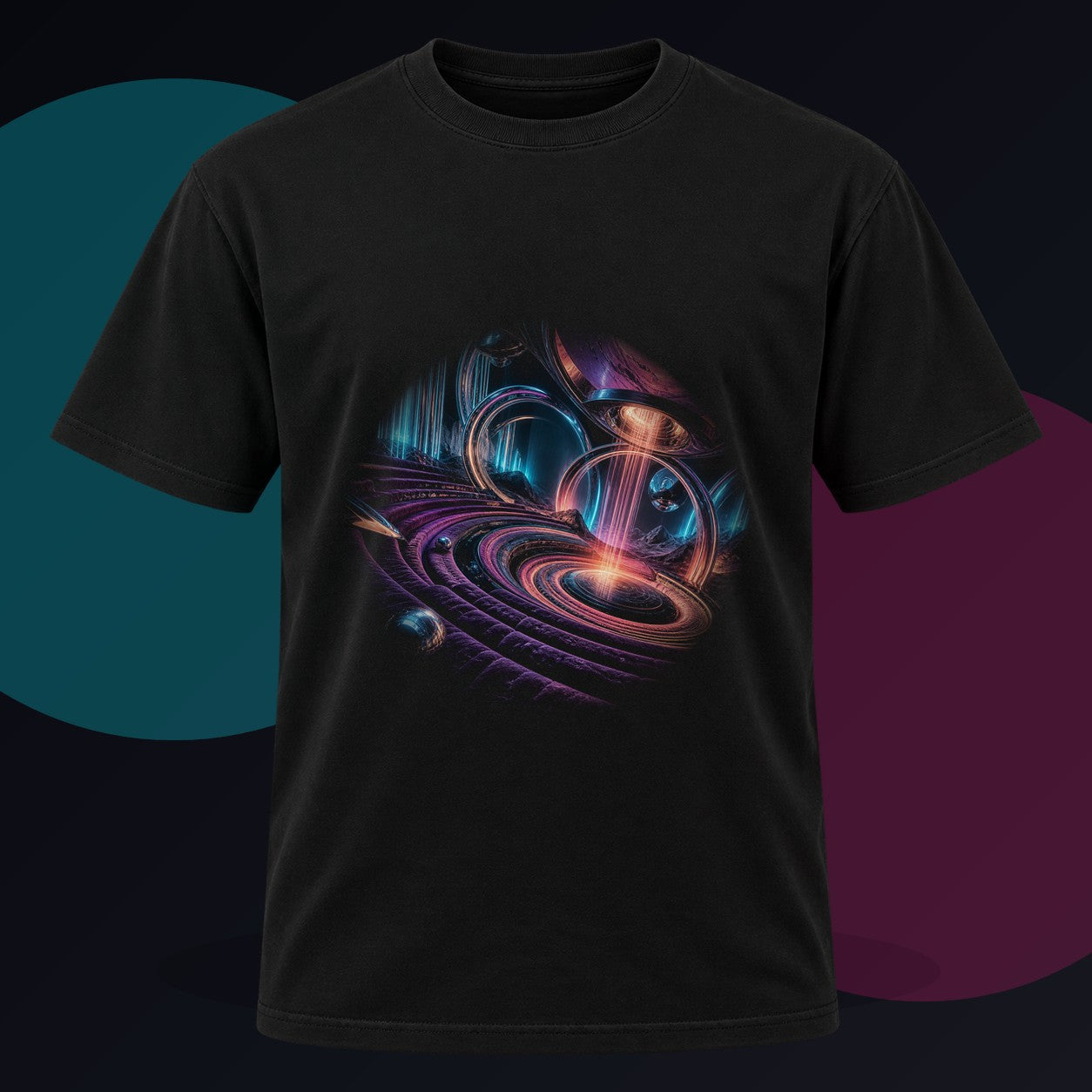 Velvet Circuit Amphitheater original KOSVYRE design on a black graphic tee against a graphite studio background