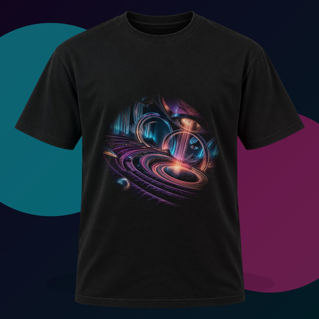 Velvet Circuit Amphitheater original KOSVYRE design on a black graphic tee with cyan and violet studio lighting
