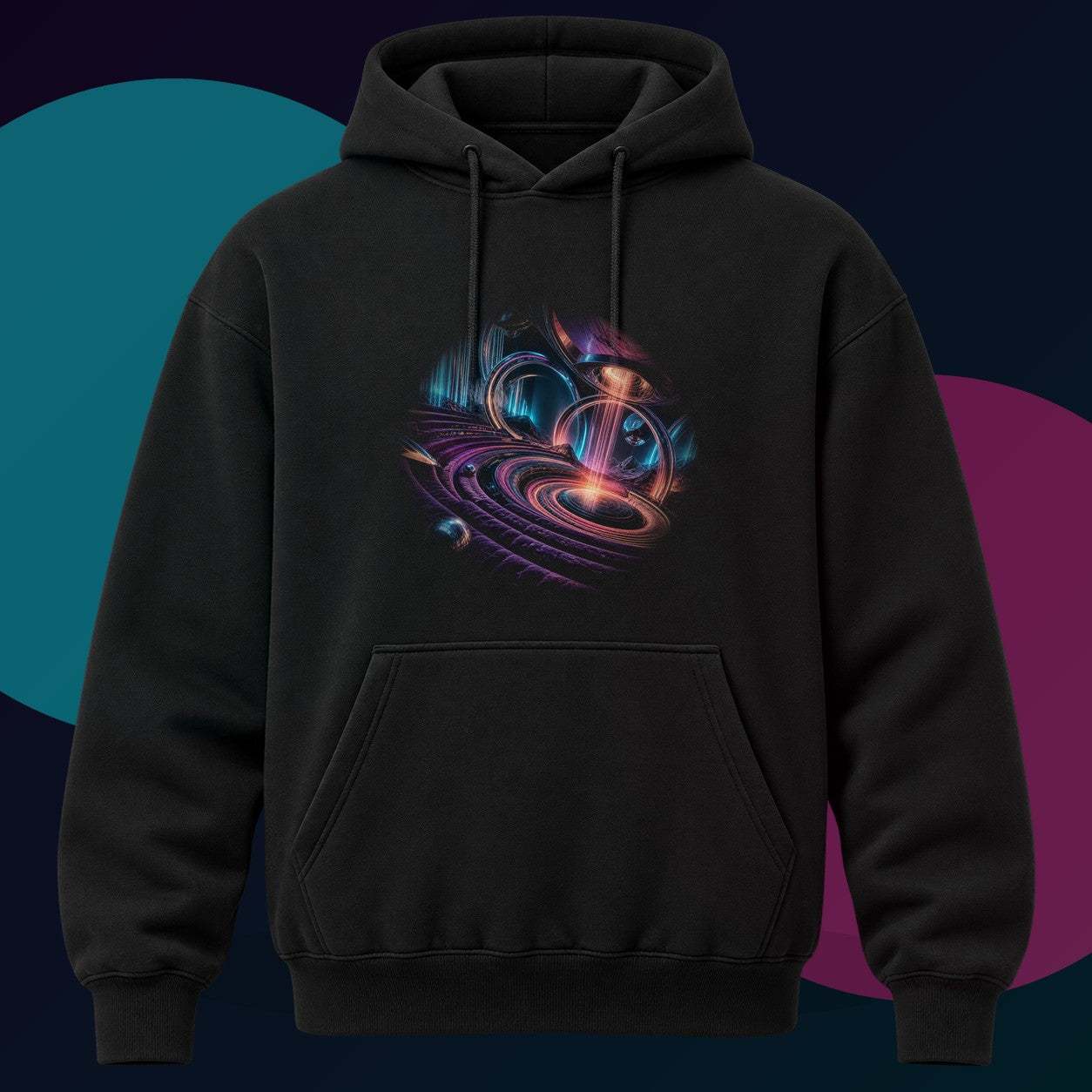 Velvet Circuit Amphitheater original KOSVYRE design on a black hoodie with cyan and violet studio lighting