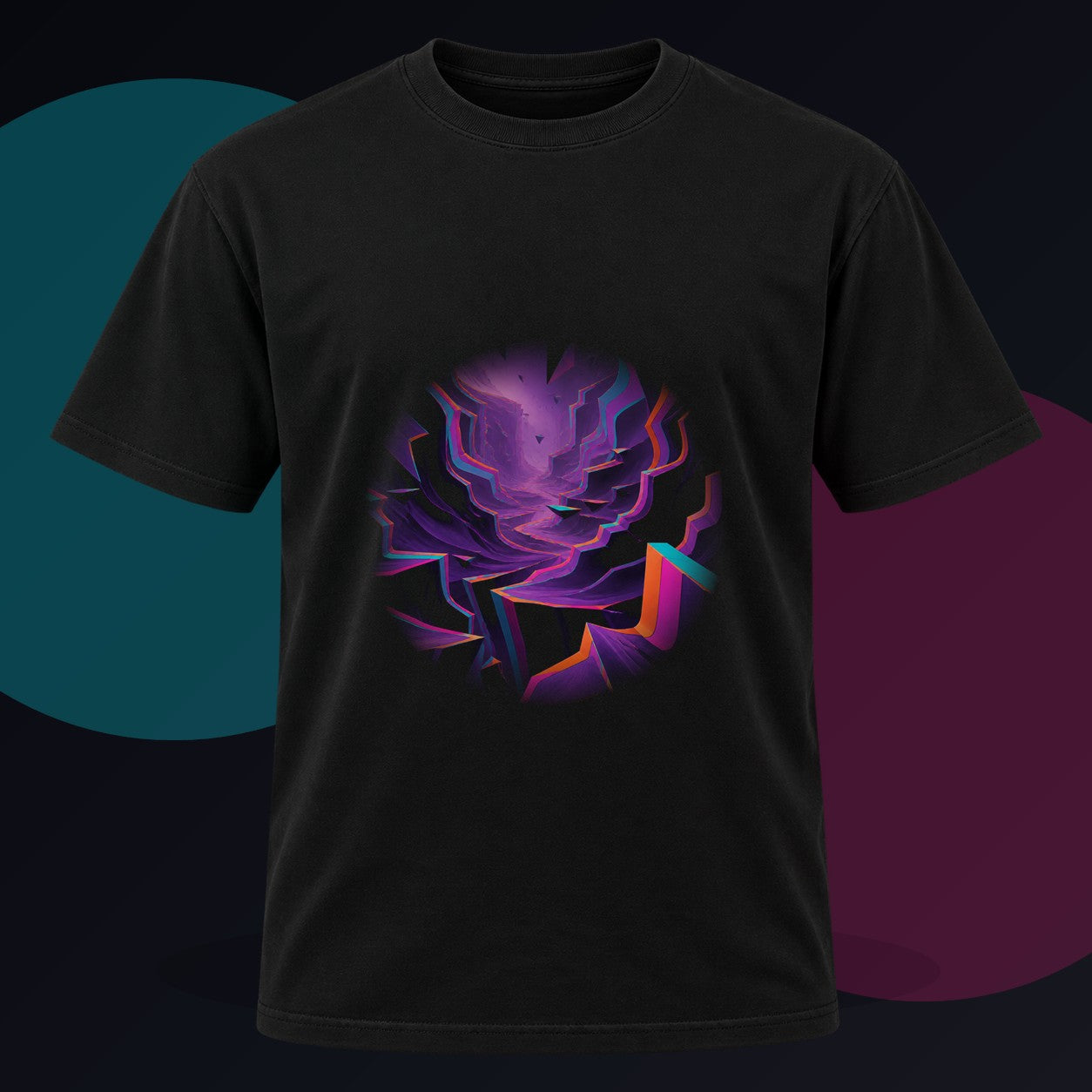 Velvet RGB Canyon original KOSVYRE design on a black graphic tee against a graphite studio background