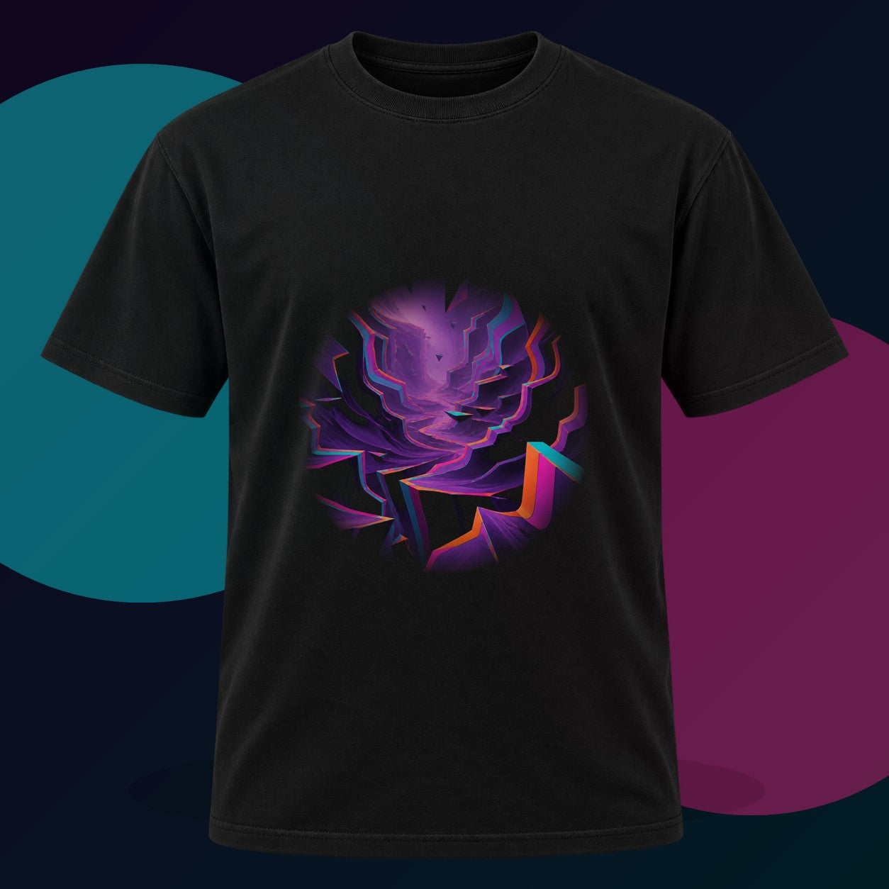 Velvet RGB Canyon original KOSVYRE design on a black graphic tee with cyan and violet studio lighting