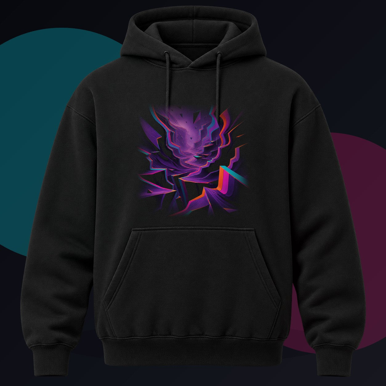 Velvet RGB Canyon original KOSVYRE design on a black hoodie against a graphite studio background