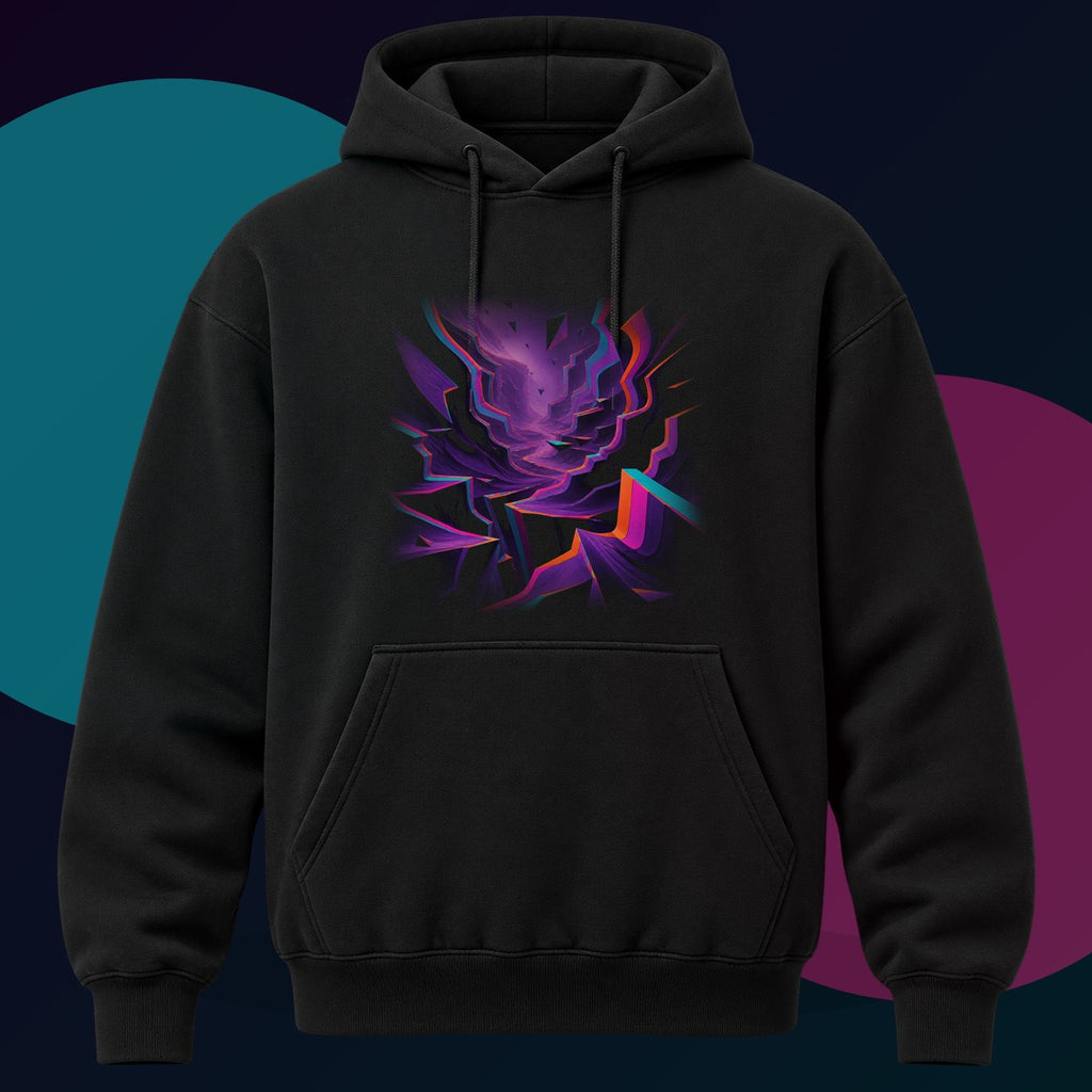 Velvet RGB Canyon original KOSVYRE design on a black hoodie with cyan and violet studio lighting