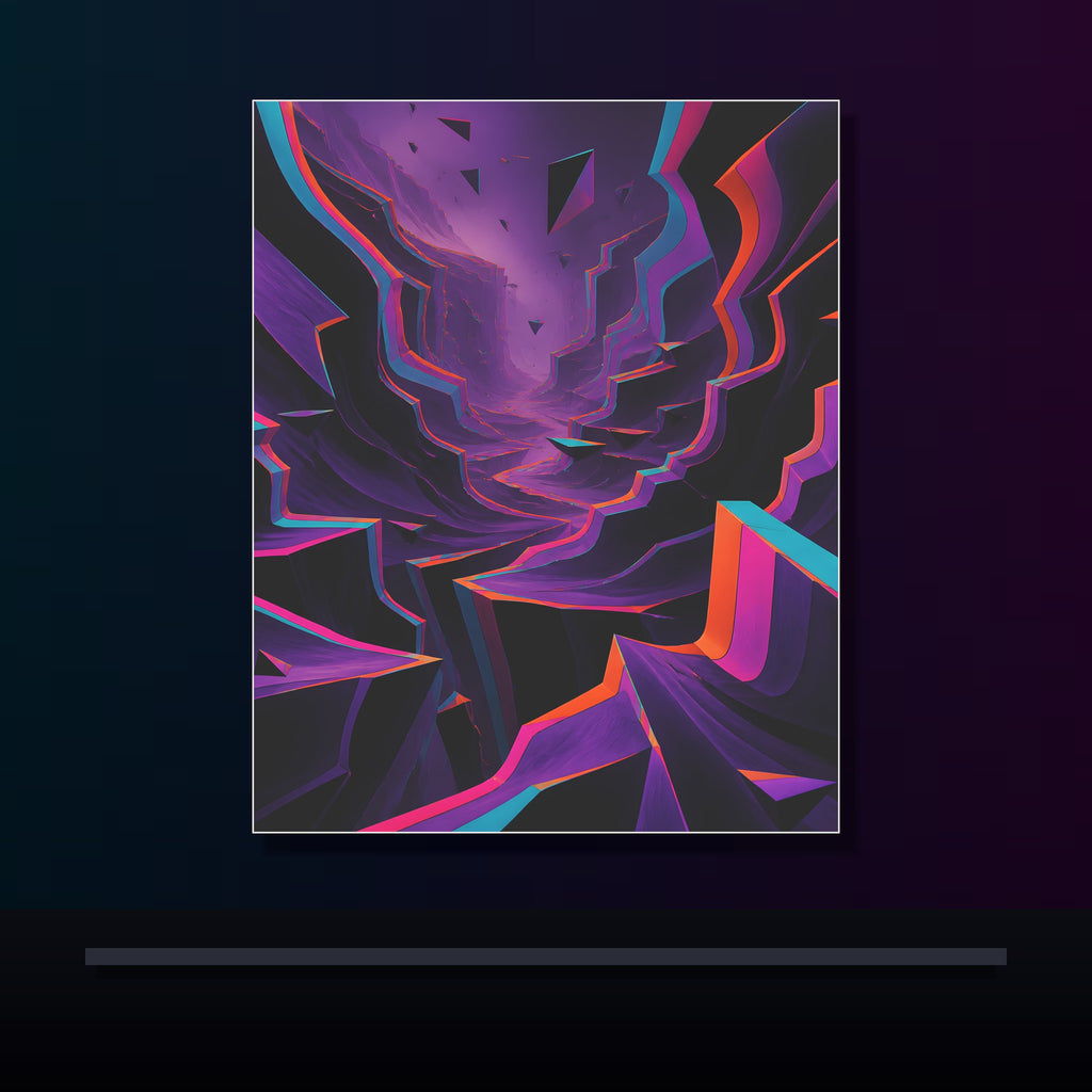 Velvet RGB Canyon original KOSVYRE poster displayed in a dark psychedelic gallery setting