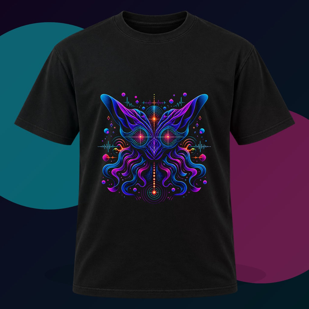 Velvet Signal Animal original KOSVYRE design on a black graphic tee with cyan and violet studio lighting
