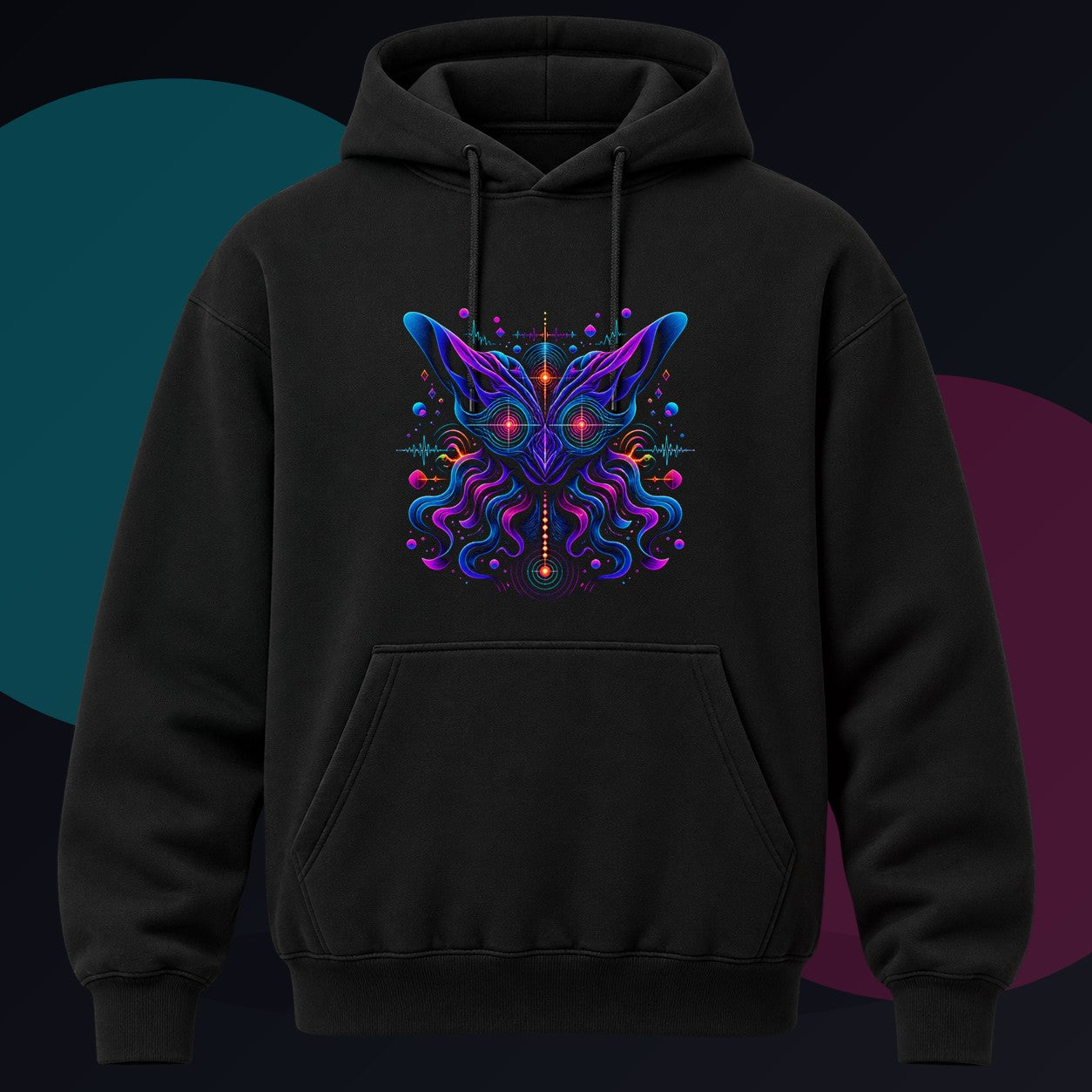 Velvet Signal Animal original KOSVYRE design on a black hoodie against a graphite studio background