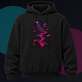 Velvet Signal Stair original KOSVYRE design on a black hoodie against a graphite studio background