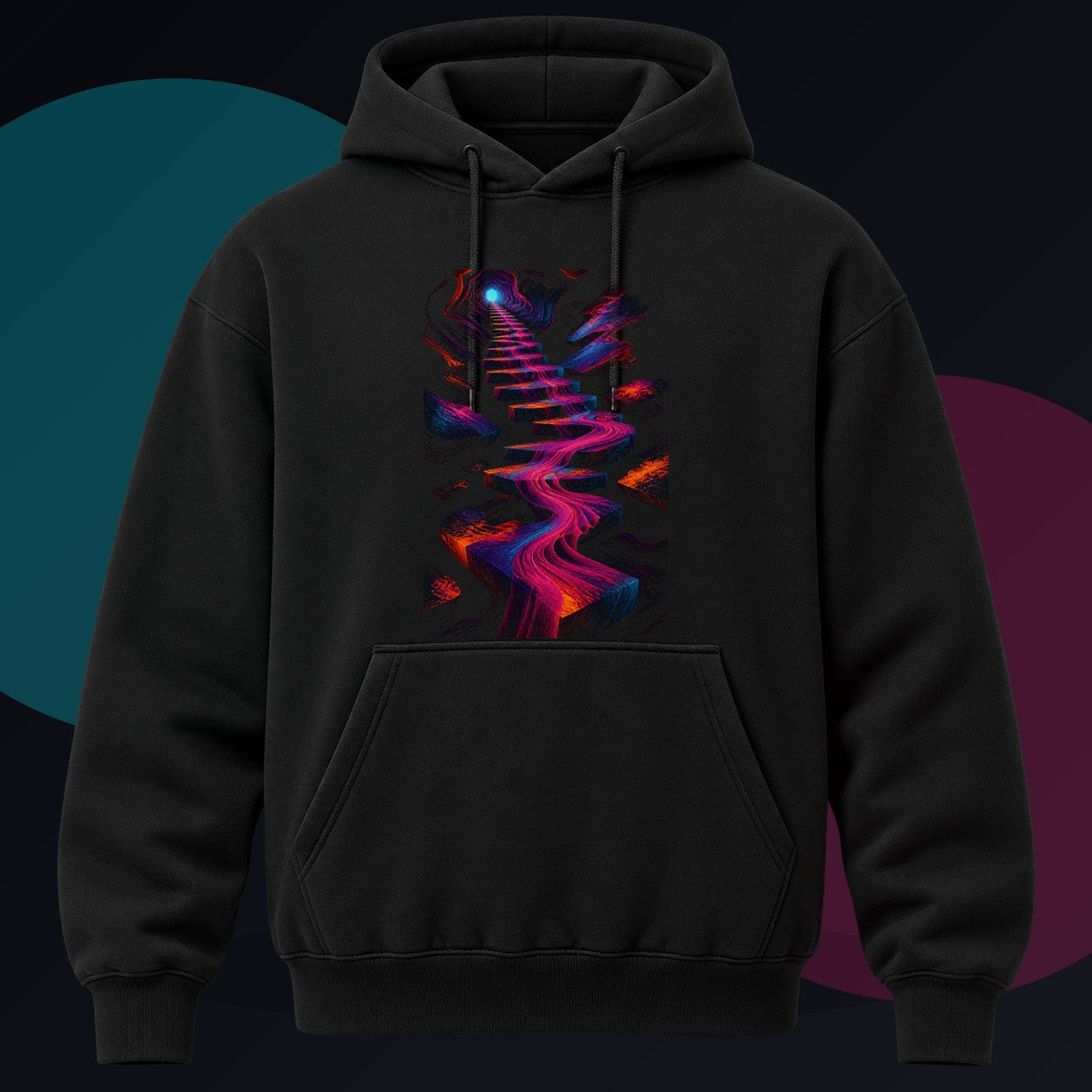 Velvet Signal Stair original KOSVYRE design on a black hoodie against a graphite studio background