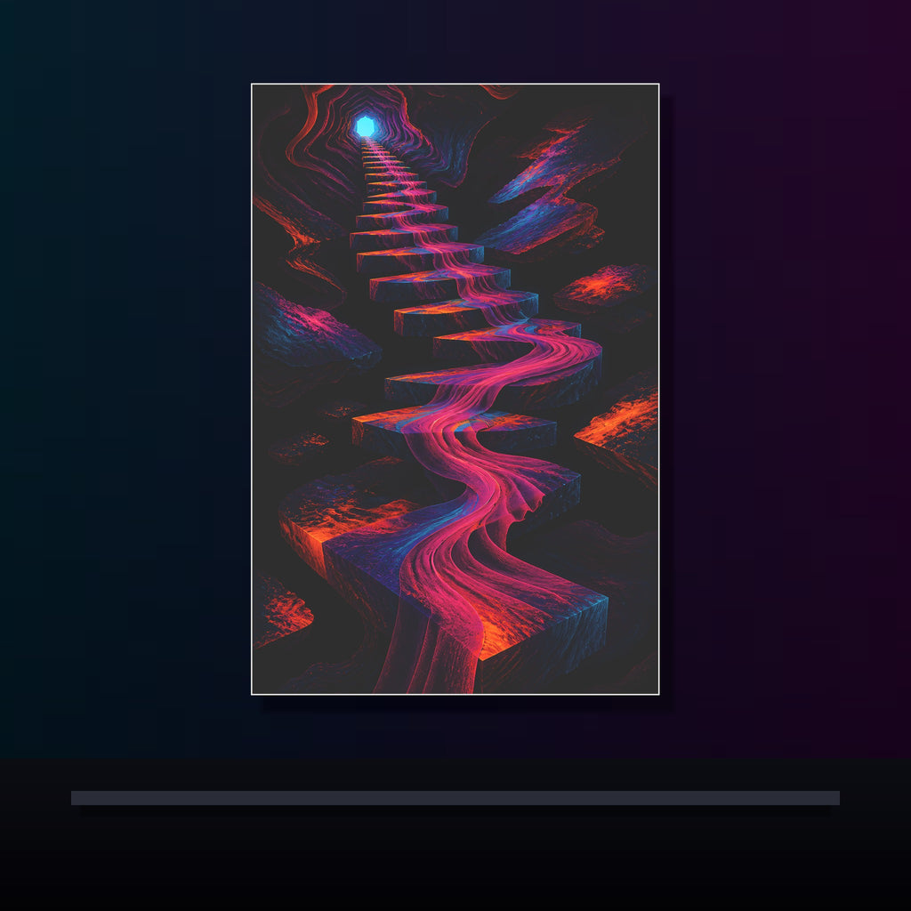 Velvet Signal Stair original KOSVYRE poster displayed in a dark psychedelic gallery setting