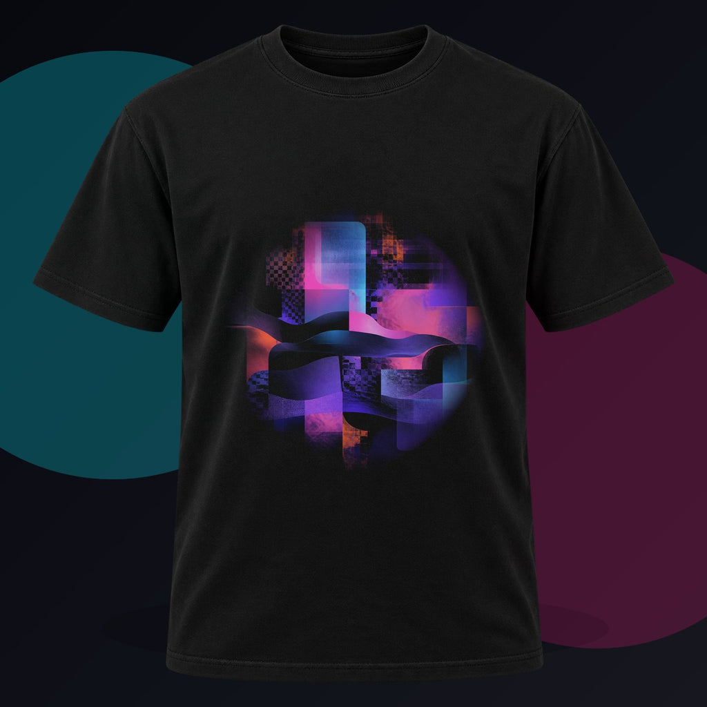 Velvet Static Memory original KOSVYRE design on a black graphic tee against a graphite studio background