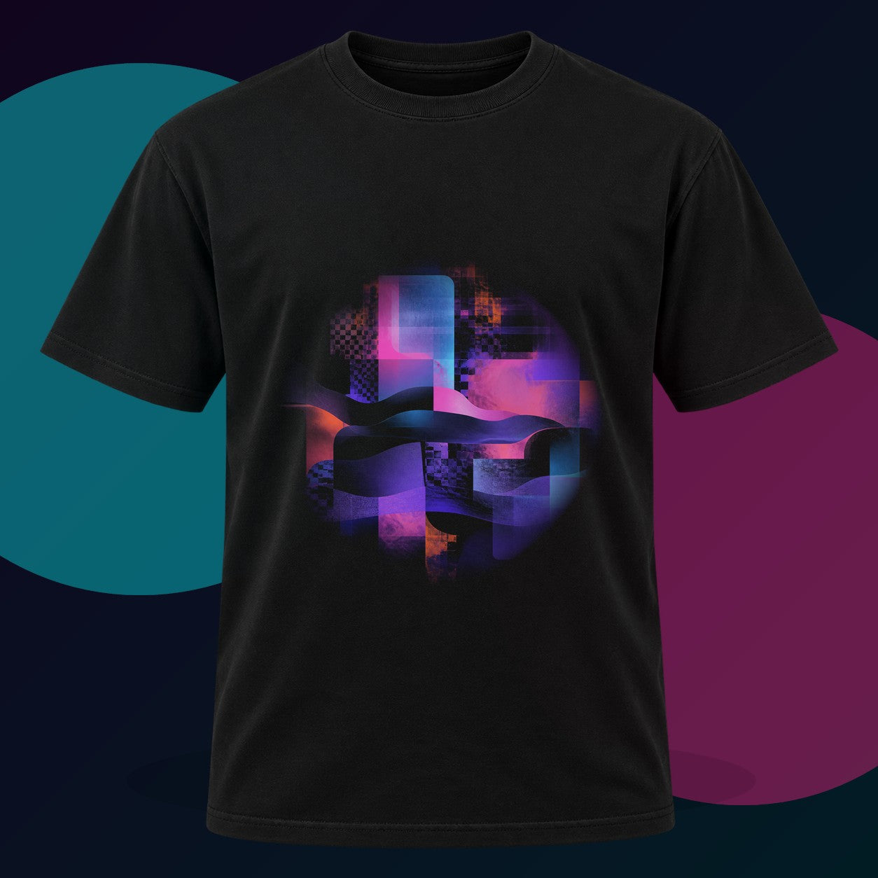 Velvet Static Memory original KOSVYRE design on a black graphic tee with cyan and violet studio lighting