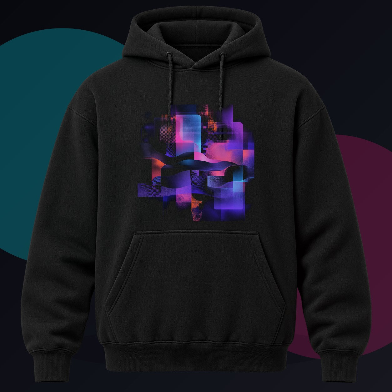 Velvet Static Memory original KOSVYRE design on a black hoodie against a graphite studio background