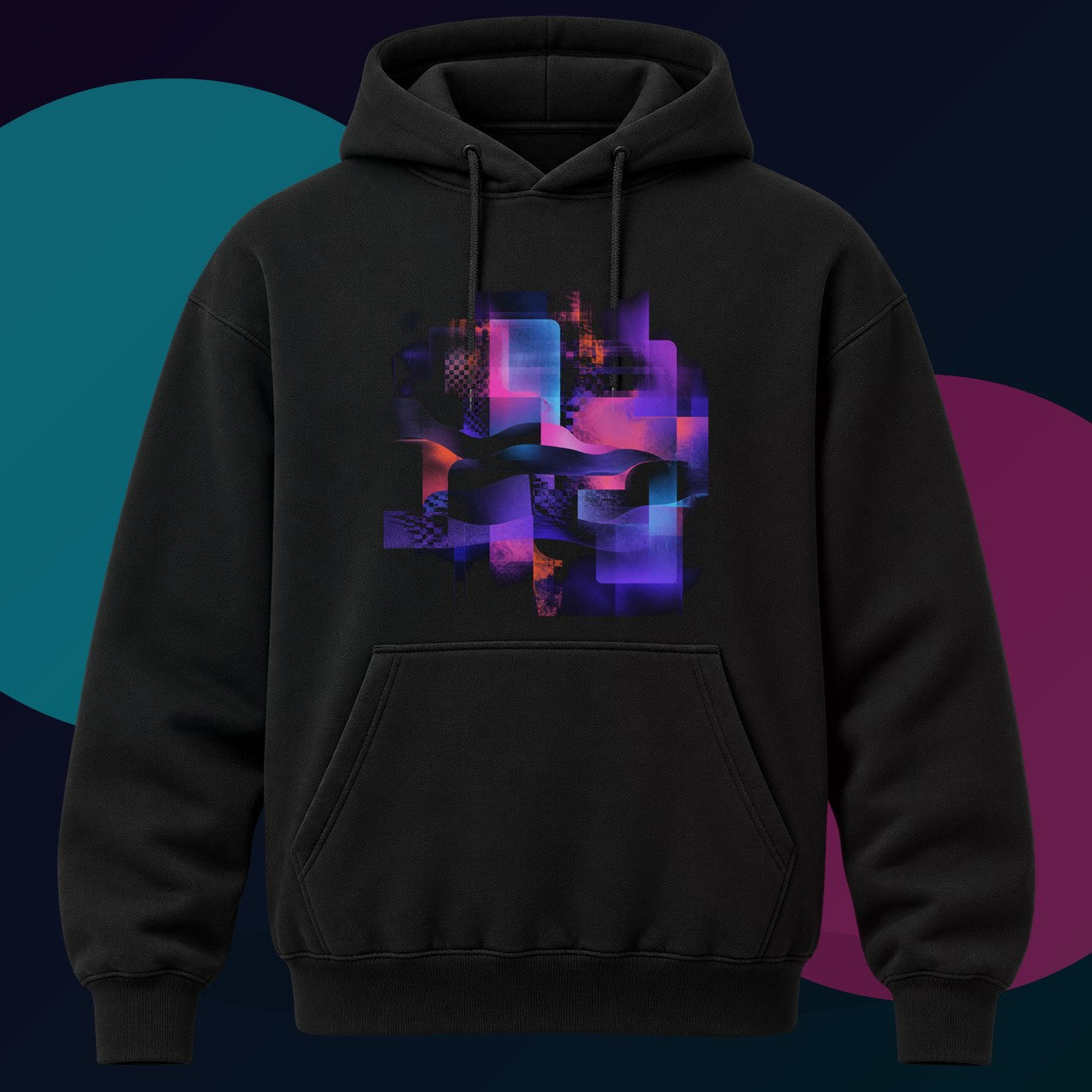 Velvet Static Memory original KOSVYRE design on a black hoodie with cyan and violet studio lighting