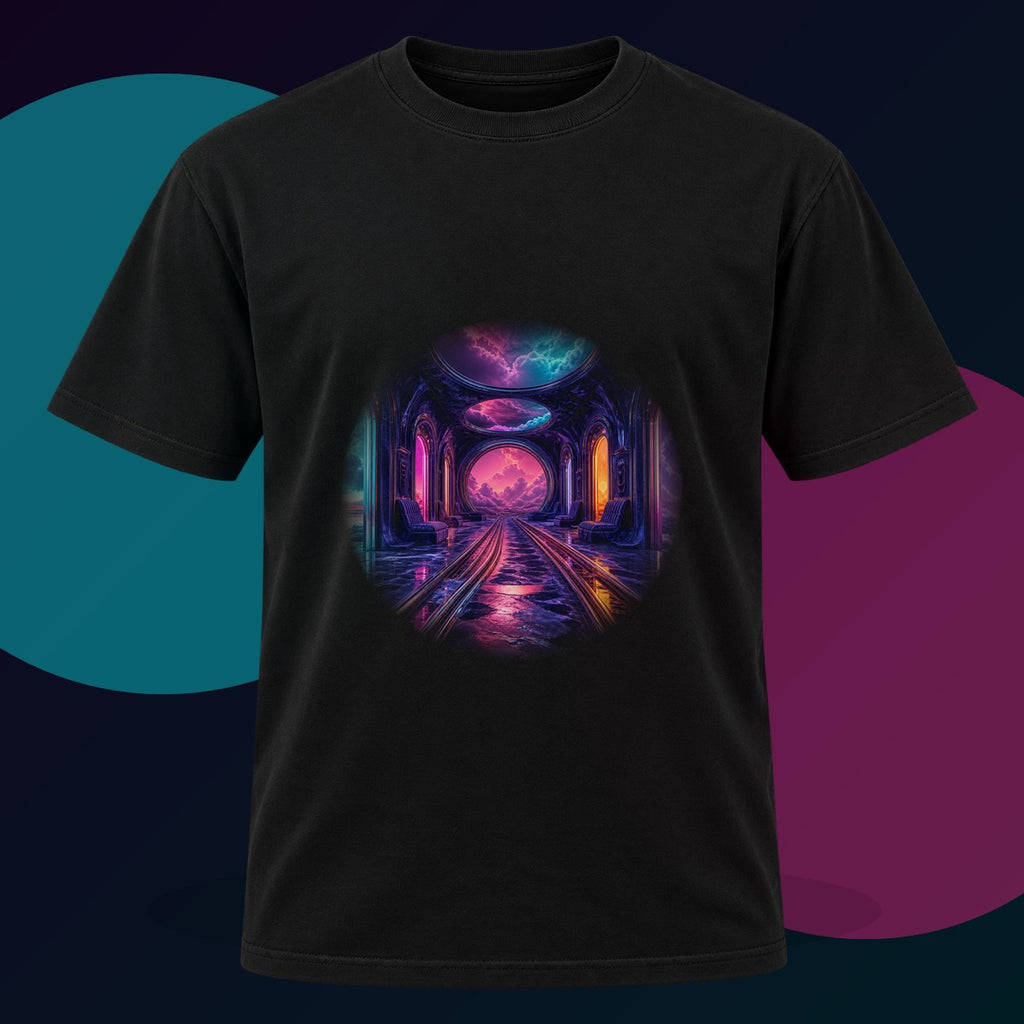 Velvet Transit original KOSVYRE design on a black graphic tee with cyan and violet studio lighting