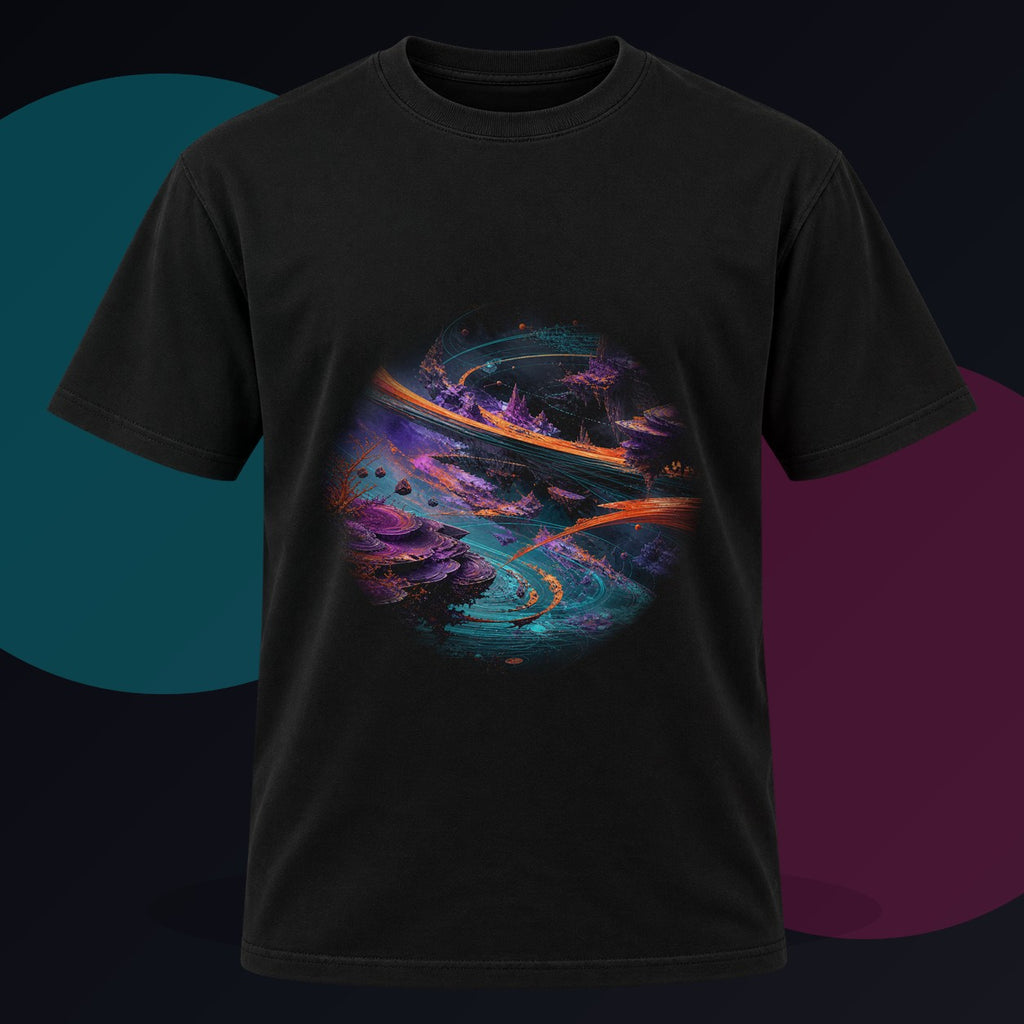 Vermilion Orbital Reef original KOSVYRE design on a black graphic tee against a graphite studio background