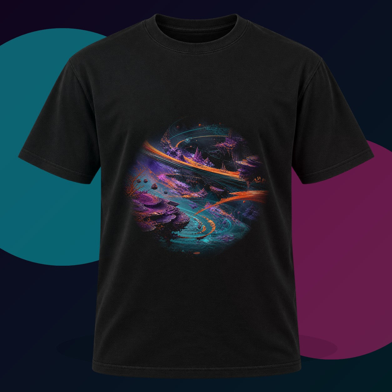 Vermilion Orbital Reef original KOSVYRE design on a black graphic tee with cyan and violet studio lighting