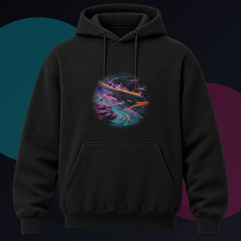 Vermilion Orbital Reef original KOSVYRE design on a black hoodie against a graphite studio background