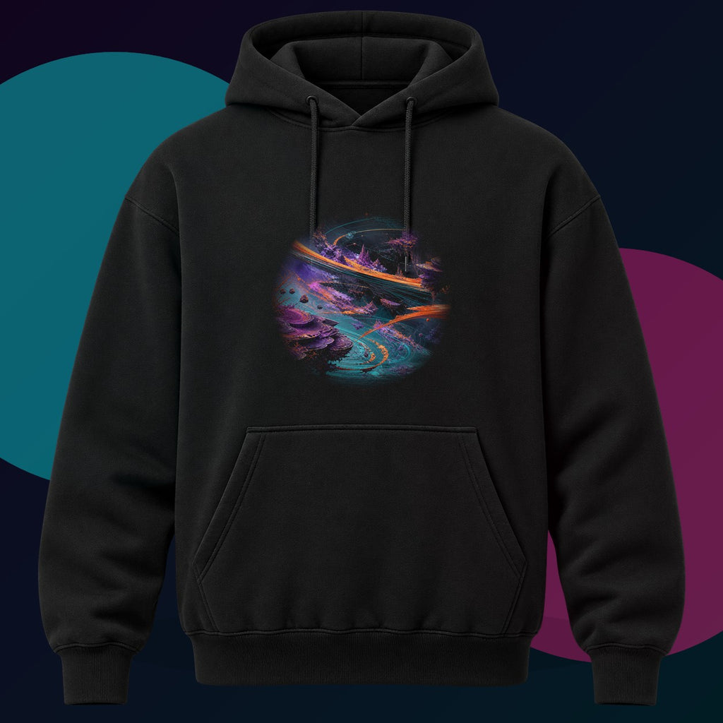 Vermilion Orbital Reef original KOSVYRE design on a black hoodie with cyan and violet studio lighting