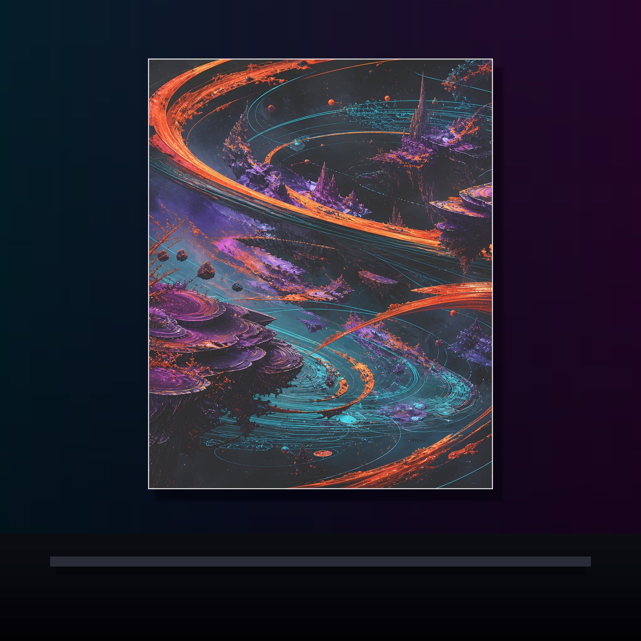 Vermilion Orbital Reef original KOSVYRE poster displayed in a dark psychedelic gallery setting