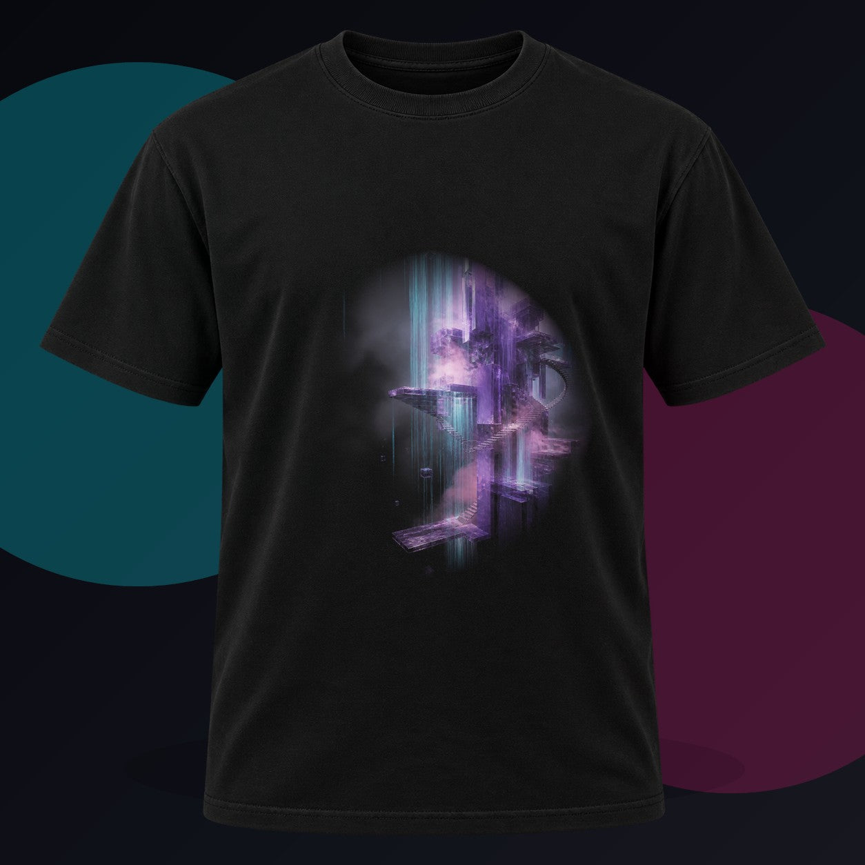 Violet Archive of Rain original KOSVYRE design on a black graphic tee against a graphite studio background