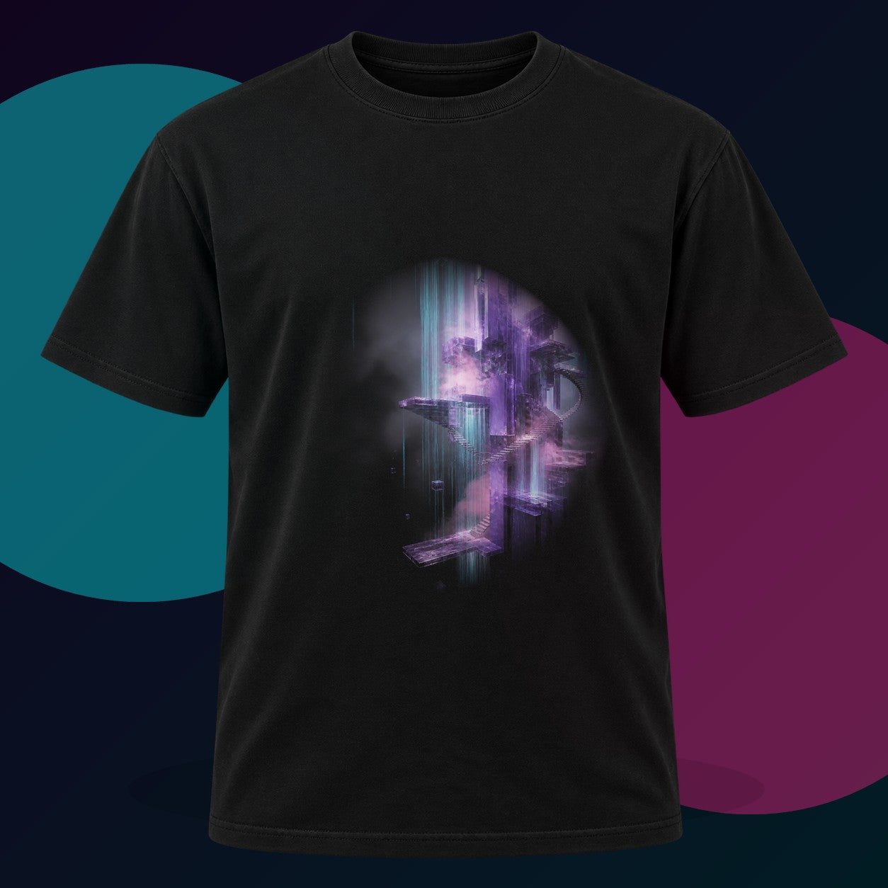 Violet Archive of Rain original KOSVYRE design on a black graphic tee with cyan and violet studio lighting