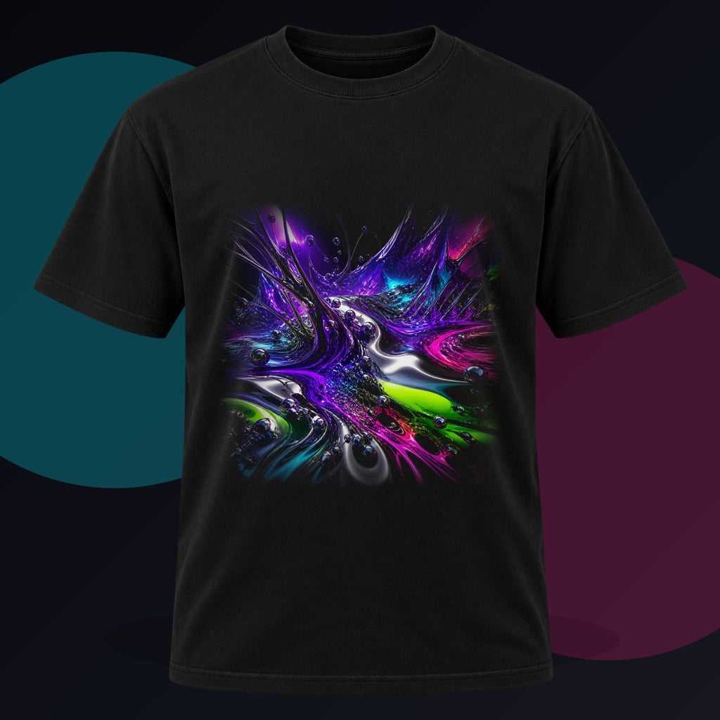 Violet Ferrofluid Garden original KOSVYRE design on a black graphic tee against a graphite studio background