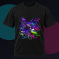 Violet Ferrofluid Garden original KOSVYRE design on a black graphic tee against a graphite studio background