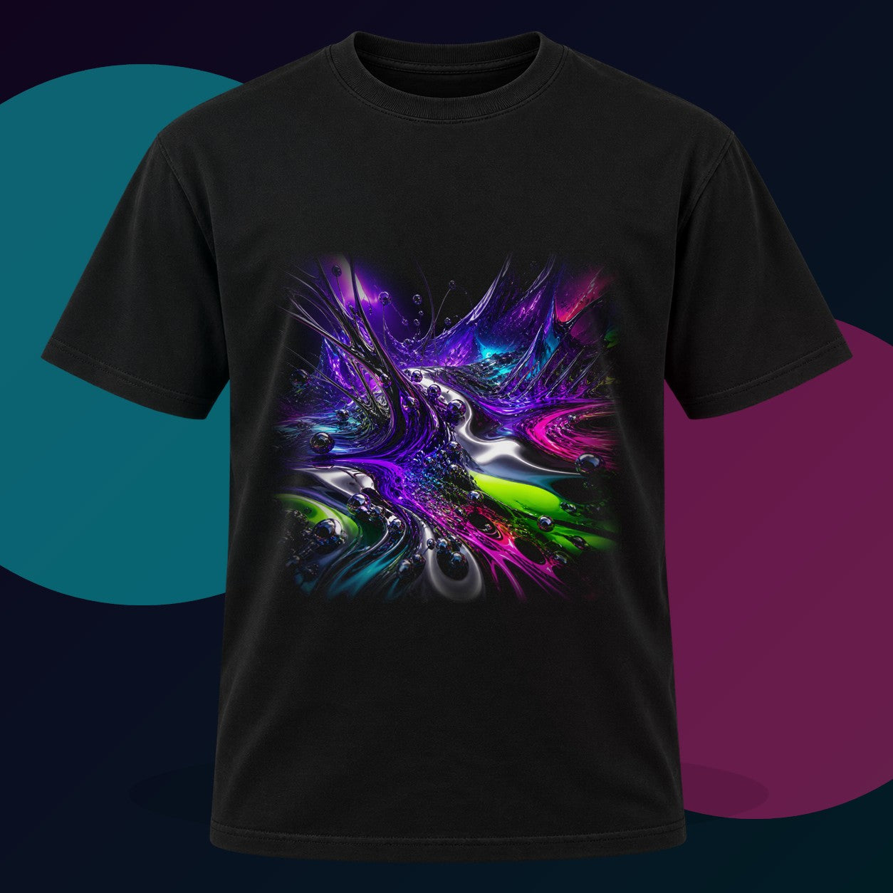 Violet Ferrofluid Garden original KOSVYRE design on a black graphic tee with cyan and violet studio lighting