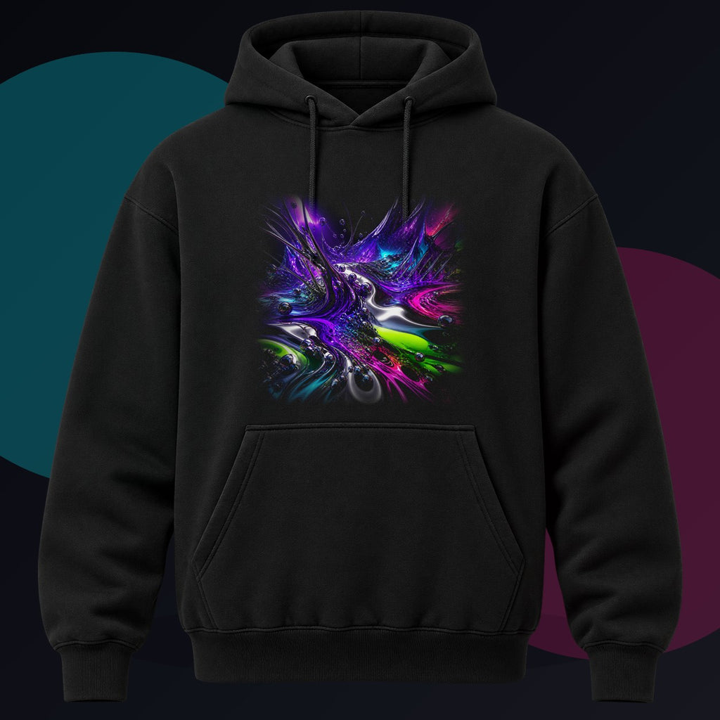 Violet Ferrofluid Garden original KOSVYRE design on a black hoodie against a graphite studio background