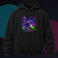 Violet Ferrofluid Garden original KOSVYRE design on a black hoodie against a graphite studio background