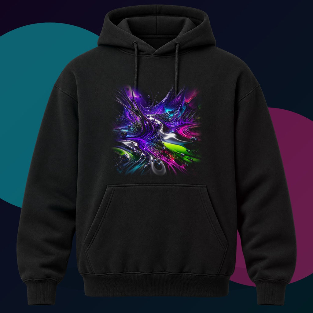 Violet Ferrofluid Garden original KOSVYRE design on a black hoodie with cyan and violet studio lighting