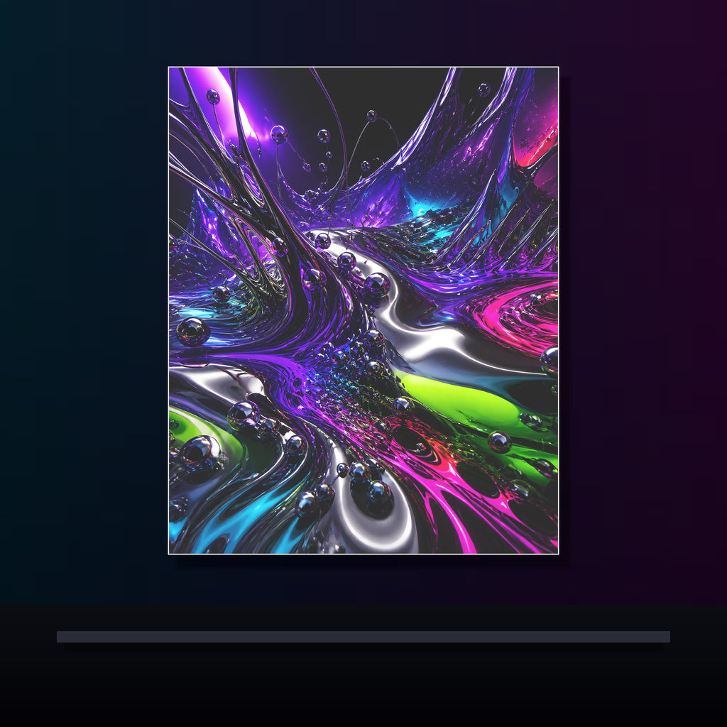 Violet Ferrofluid Garden original KOSVYRE poster displayed in a dark psychedelic gallery setting