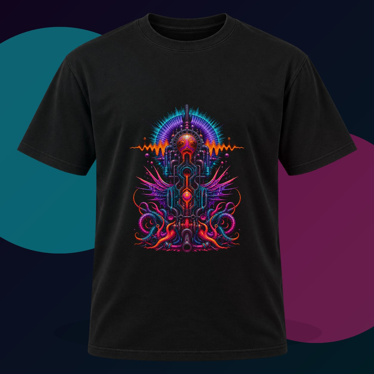 Wild Type Frequency original KOSVYRE design on a black graphic tee with cyan and violet studio lighting