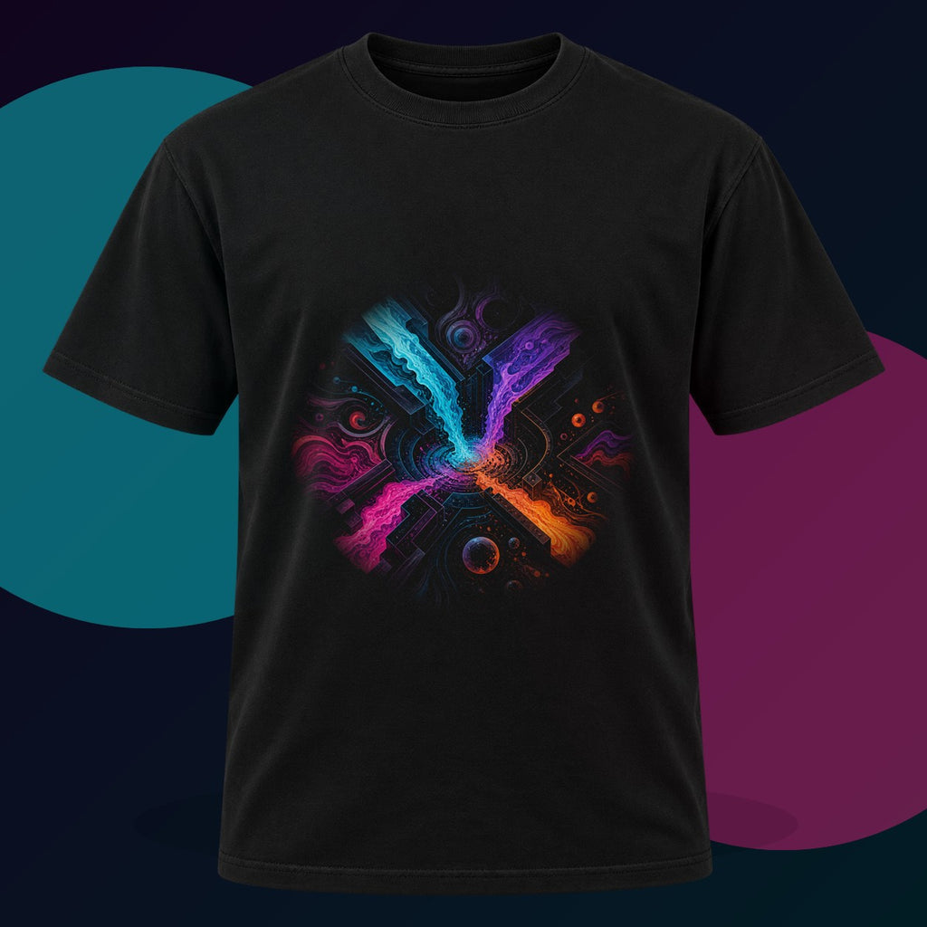 Zero Hour Inlet original KOSVYRE design on a black graphic tee with cyan and violet studio lighting