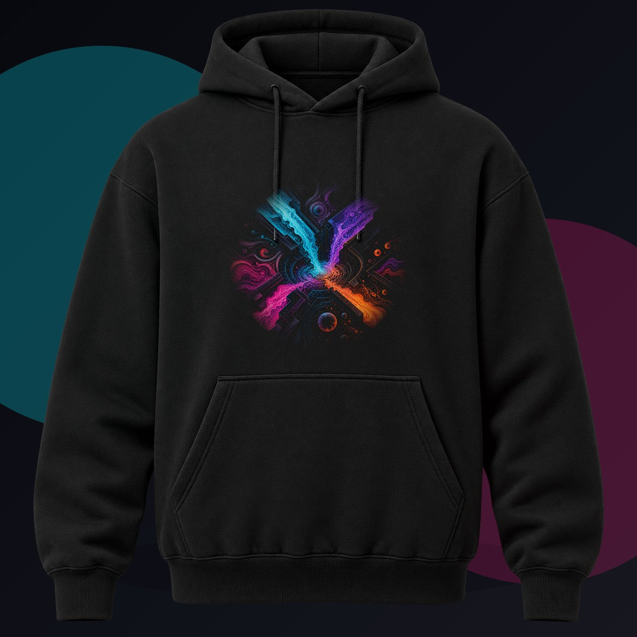Zero Hour Inlet original KOSVYRE design on a black hoodie against a graphite studio background