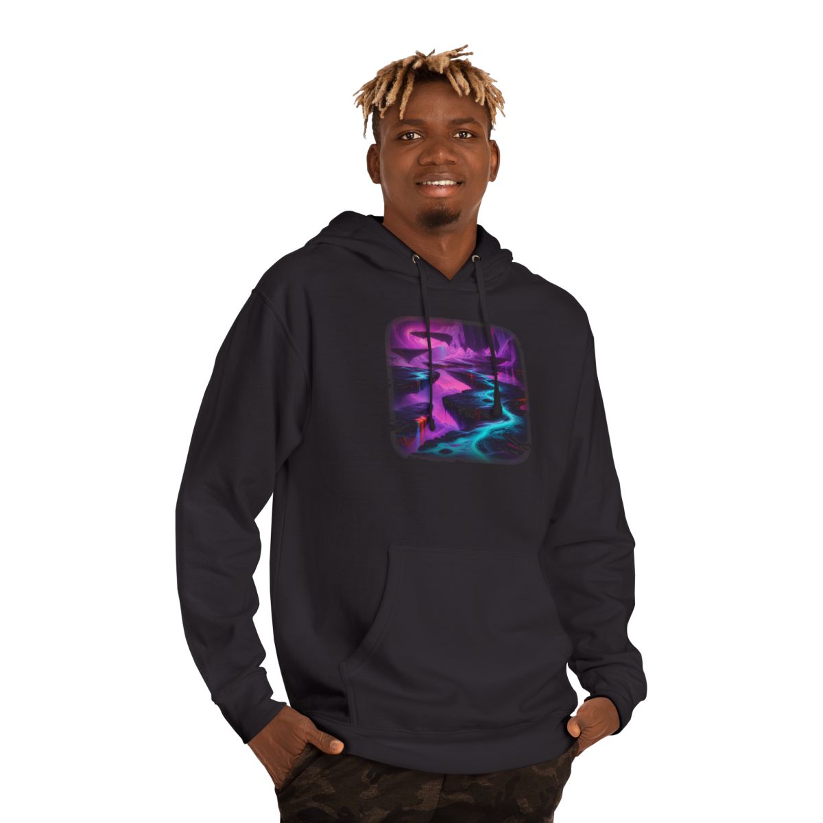 Ultraviolet Tectonic Garden KOSVYRE hoodie product mockup, person 2 front view