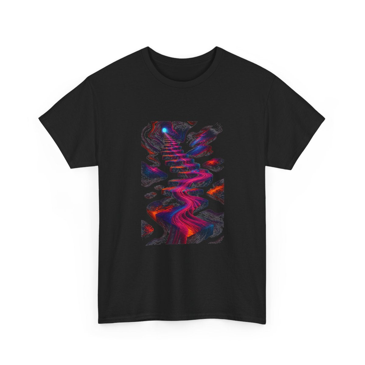 Velvet Signal Stair KOSVYRE graphic tee product mockup, alternate front view